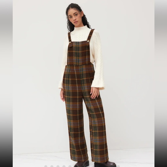 Cider Square Neck Preppy Countryside Tweed Plaid Jumpsuit Overall Wide Leg SZ M - Picture 2 of 16